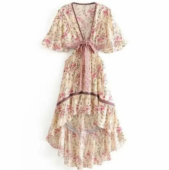 New Coastal Floral Cut Out Maisie Bambi Beach Dress Cream Pink Purple