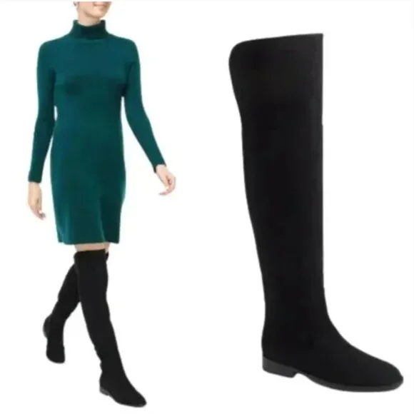 NEW JCREW Over the Knee Boots Womens 7.5 Black Micro Suede Tall Riding NWOB