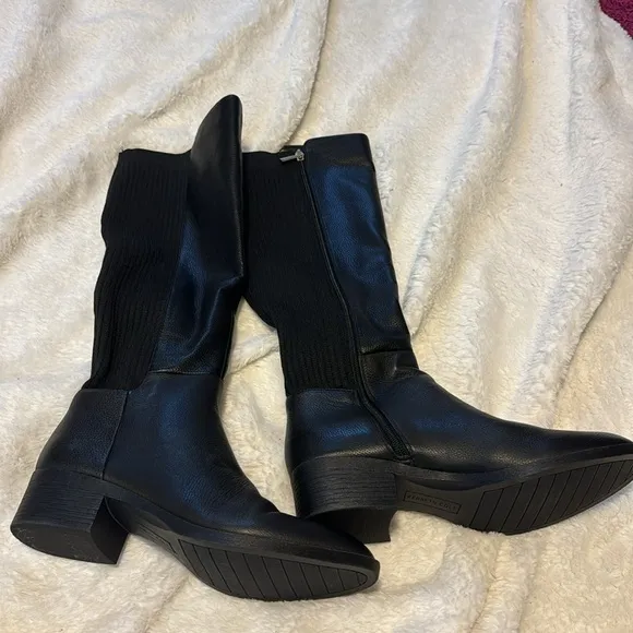 NEW! Kenneth Cole Black Levon Leather &amp; Rib Knit Knee Boot - Size 9