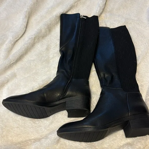 NEW! Kenneth Cole Black Levon Leather &amp; Rib Knit Knee Boot - Size 9