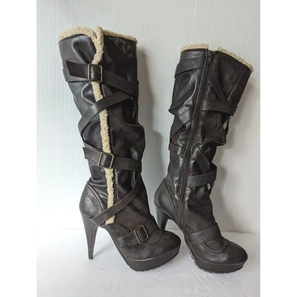 New Look Over The Knee Leather Sherpa Strappy Heel Boots 9 EU39 E Brown Cambodia