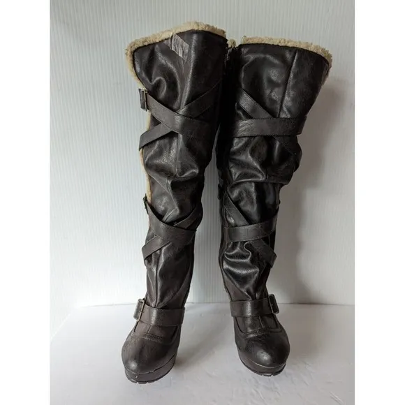 New Look Over The Knee Leather Sherpa Strappy Heel Boots 9 EU39 E Brown Cambodia