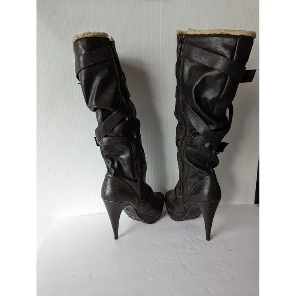 New Look Over The Knee Leather Sherpa Strappy Heel Boots 9 EU39 E Brown Cambodia