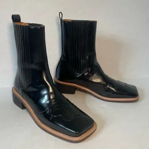 New Maryam Nassir Sadeh Square Toe Black Patent Leather Cowboy Boots 40 US 9.5