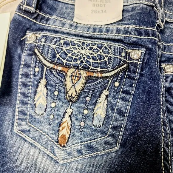 NEW Miss Me Mid-Rise Boot 26 Steer Head Feathers Embroidered Denim Jeans