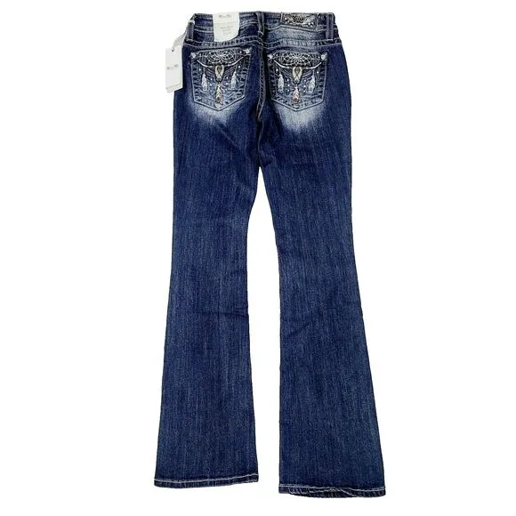 NEW Miss Me Mid-Rise Boot 26 Steer Head Feathers Embroidered Denim Jeans