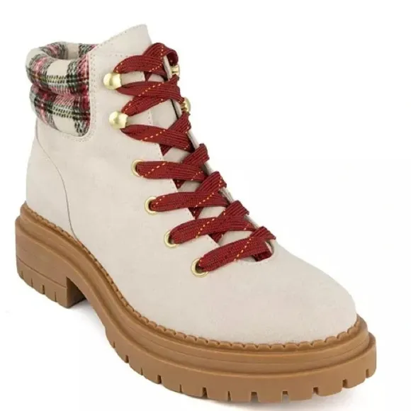 New! SO Sz 9 Lug Sole Platform Chunky Heel Plaid Trim Red Laces Hiking Boots