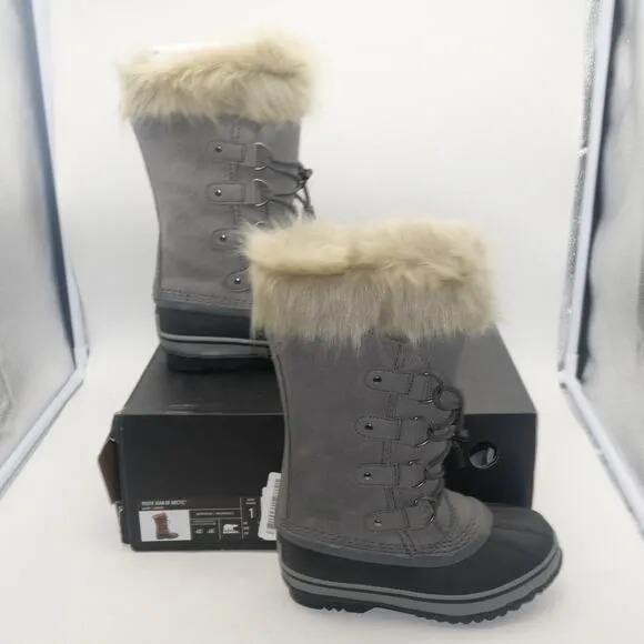 NEW Sorel Joan of Artic Snow Winter Waterproof Boots Leather Gray Youth Girl's 1