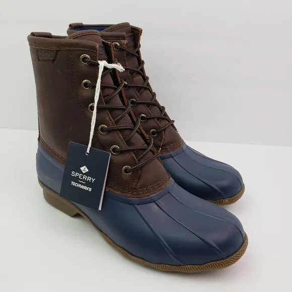 NEW Sperry Saltwater Duck Mens Size 8 Brown Navy Leather Rain Boots STS23079