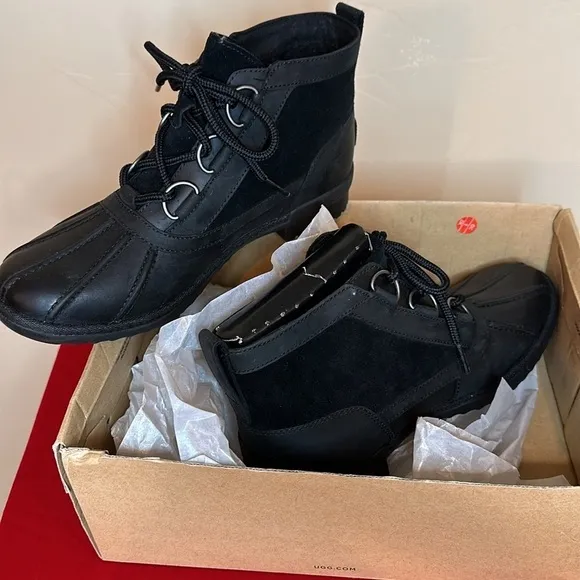 NEW | UGG Heather waterproof leather &amp; rubber ankle boot lace up Womens 8.5