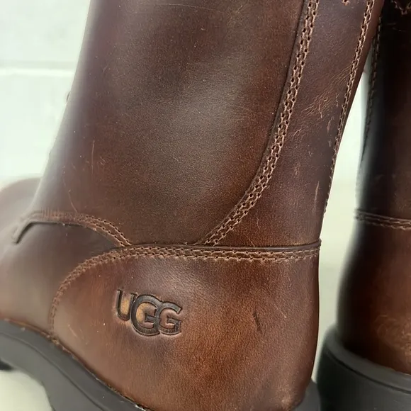 New Ugg sz7 brown leather boots kirkson fur lined cordovan waterproof sheep wool