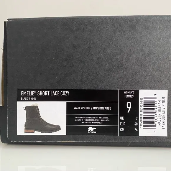 NEW W BOX Sorel Emelie Shearling Short Lace Up Cozy Black White Boots Shoes Sz 9