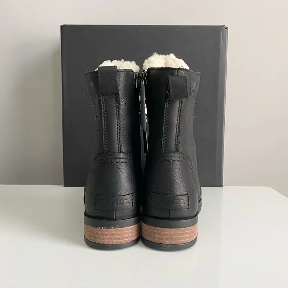 NEW W BOX Sorel Emelie Shearling Short Lace Up Cozy Black White Boots Shoes Sz 9