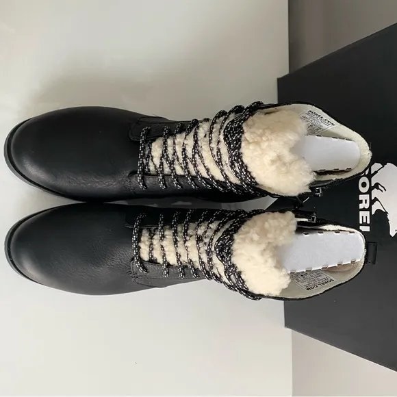 NEW W BOX Sorel Emelie Shearling Short Lace Up Cozy Black White Boots Shoes Sz 9
