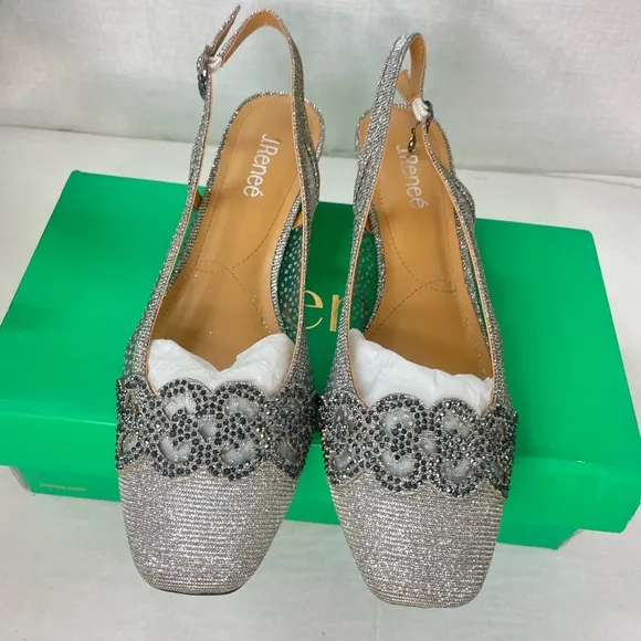 NIB J. Renee Women's Faleece Pump 10M‎ Block Heel Pewter Glitter