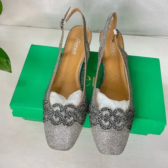 NIB J. Renee Women's Faleece Pump 10M‎ Block Heel Pewter Glitter