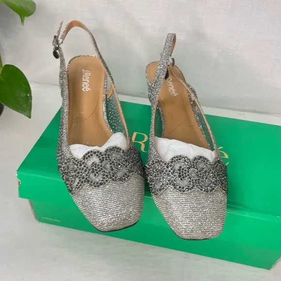 NIB J. Renee Women's Faleece Pump 10M‎ Block Heel Pewter Glitter