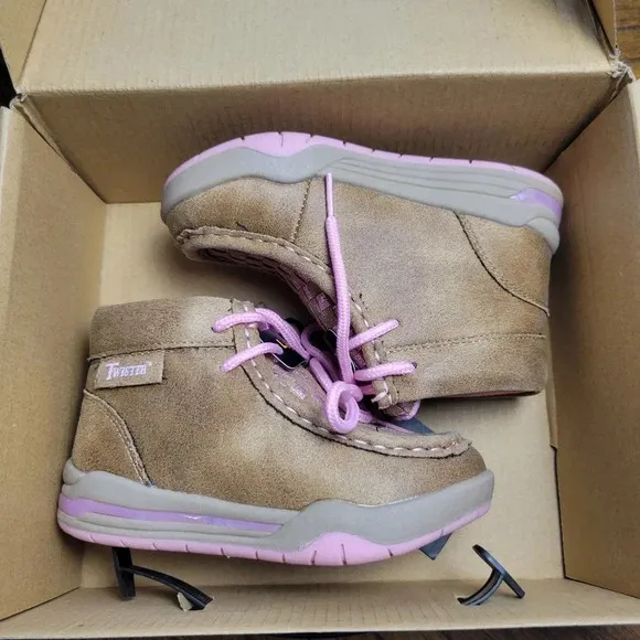 NIB M&amp;F Western Twister Lauren Light-Up Tie Boots, Girl's Size 8, Pink &amp; Brown