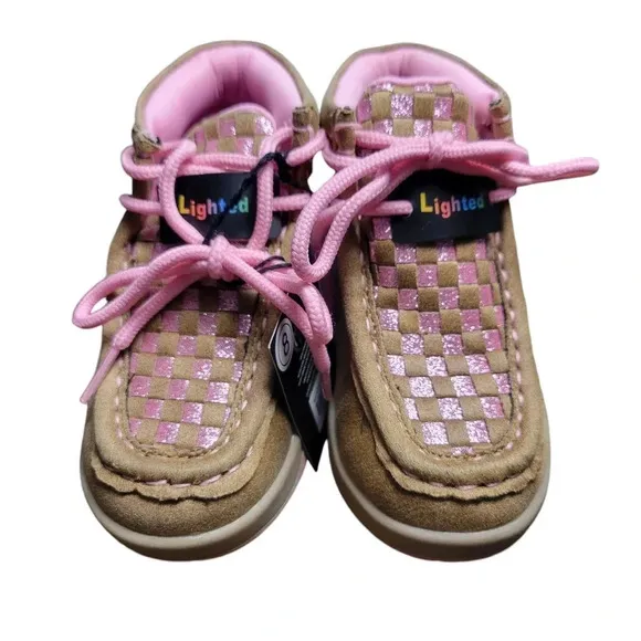 NIB M&amp;F Western Twister Lauren Light-Up Tie Boots, Girl's Size 8, Pink &amp; Brown