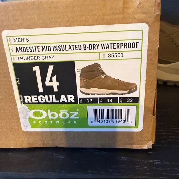 NIB Obōz Men’s Andesite Mid Insulated B-Dry Waterproof Boots/Thunder Gray Sze 14
