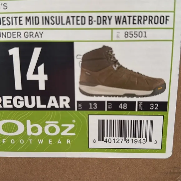 NIB Obōz Men’s Andesite Mid Insulated B-Dry Waterproof Boots/Thunder Gray Sze 14