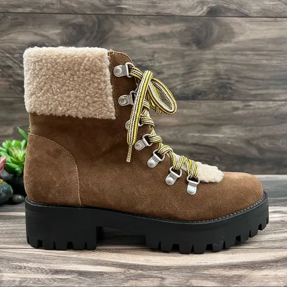 NIB Steve Madden Aniko Faux Fur Lace Up Winter Combat Boots Chestnut Suede