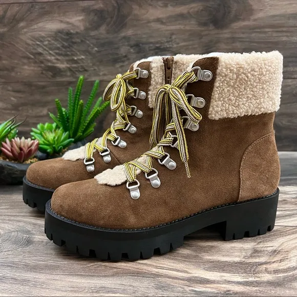 NIB Steve Madden Aniko Faux Fur Lace Up Winter Combat Boots Chestnut Suede