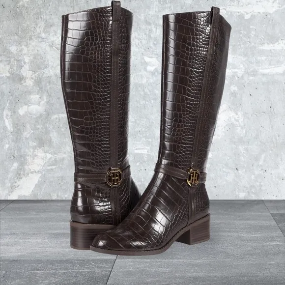 NIB Tommy Hilfiger Diwan2 Women's Croco Boots Dark Brown 11