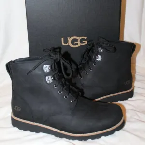 NIB UGG MEN'S RITTER LEATHER LOGO WORK‎ WINTER BOOTS BLACK 10