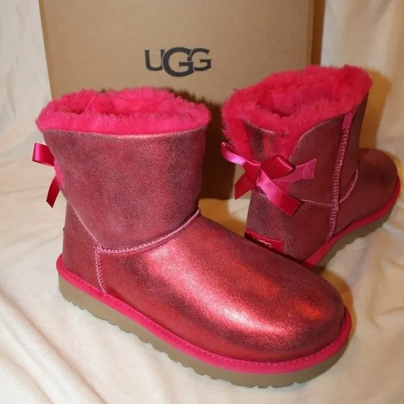 NIB UGG WOMEN'S GLISTEN MINI BAILEY BOW FUSCHIA‎ WINTER BOOTS