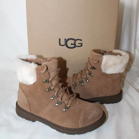 NIB UGG WOMEN'S SUEDE‎ SHEARLING CUFF HIKER WINTER BOOTS CHESTNUT