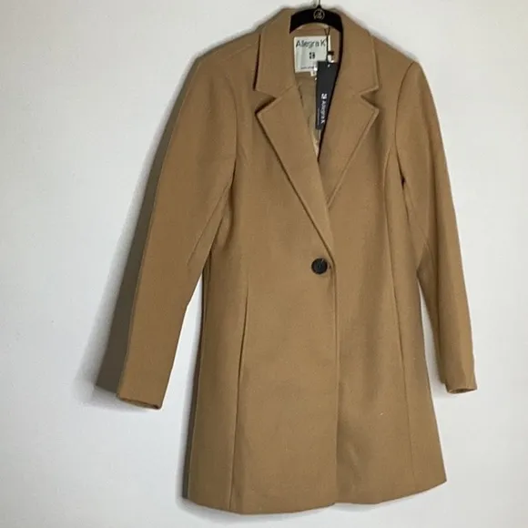 Notched Lapel Single Breasted Camel Color Outwear Winter Long Coat in Size S