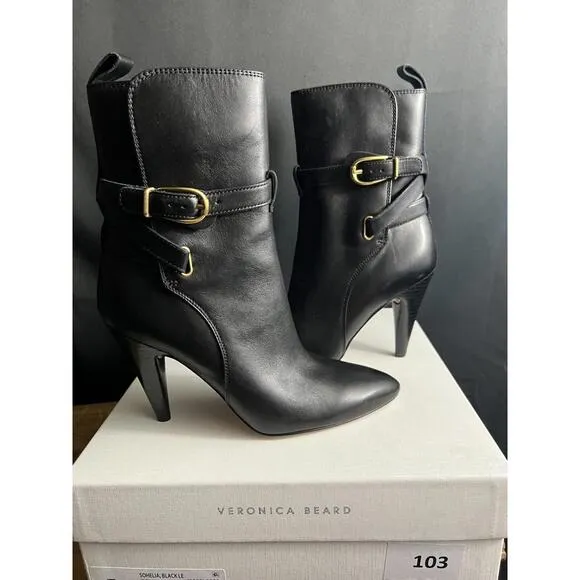 NWB VERONICA BEARD SOHELIA BLACK STRAP LEATHER HIGH HEEL BOOTS US SZ 6.5 M $550
