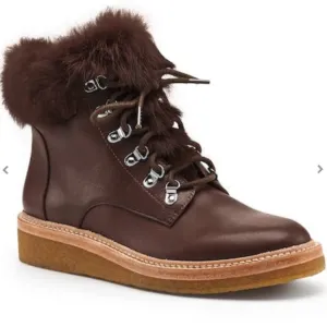 NWT Botkier Mocha Winter Combat Genuine Leather &amp; Fur Lace Up Boots - Sise 7.5