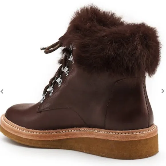 NWT Botkier Mocha Winter Combat Genuine Leather &amp; Fur Lace Up Boots - Sise 7.5
