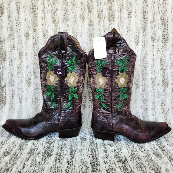 NWT J.B. Dillon Distressed Leather Western Cowboy Boots Floral Women's Size 5.5B