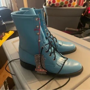 NWT Justin Blue Lace-Up Boots with Fringe Detail 8.5