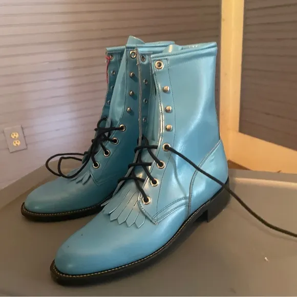 NWT Justin Blue Lace-Up Boots with Fringe Detail 8.5