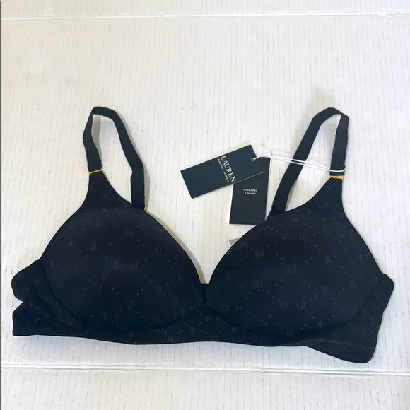 NWT LAUREN RALPH LAUREN Wireless Black Logo Bra Size 38C