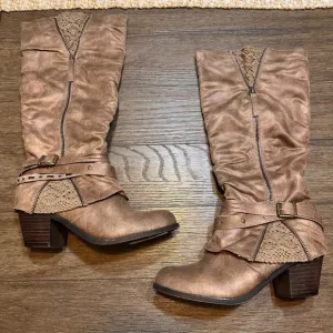 NWT POP Jordie Taupe Knee High Boots Buckle Accent Crochet Detail Size 8