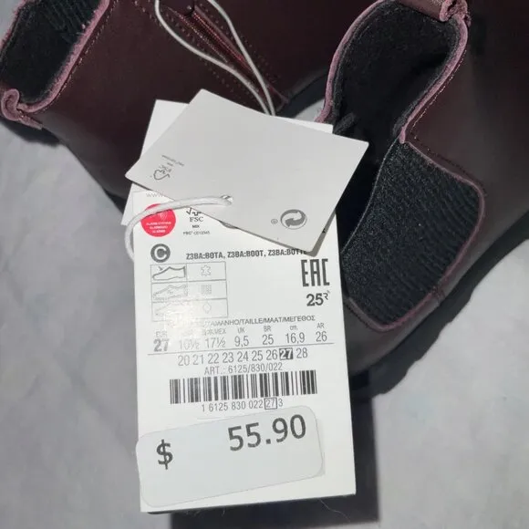 NWT Zara girl leather boots bootie dark red 27 SZ10-10.5