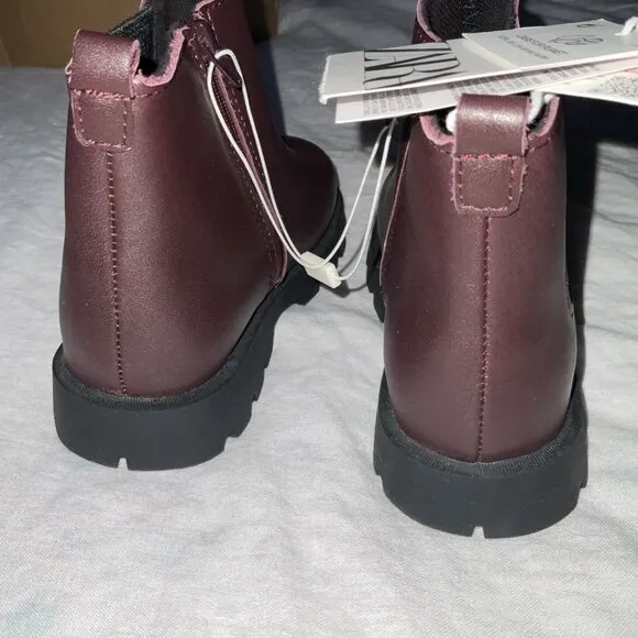 NWT Zara girl leather boots bootie dark red 27 SZ10-10.5