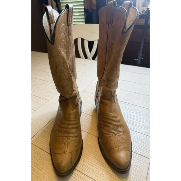 Olathe Men's Tan Leather Western Cowboy Boots. Made In USA. Sz 10.5D.