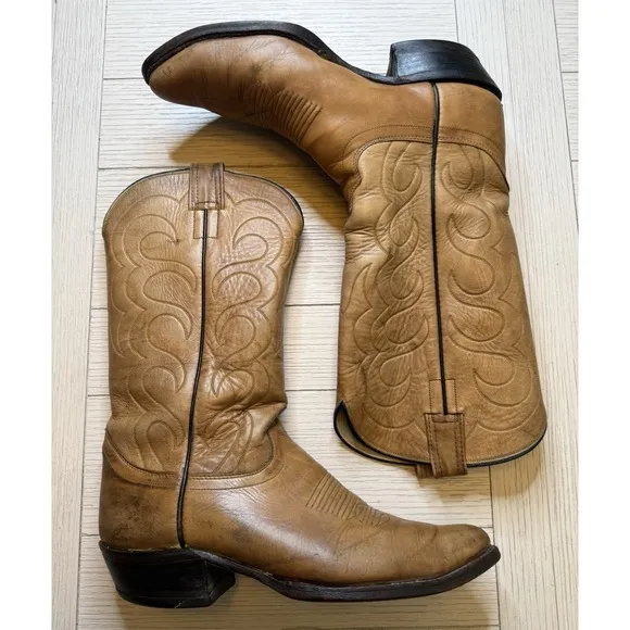 Olathe Men's Tan Leather Western Cowboy Boots. Made In USA. Sz 10.5D.