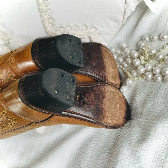 OLD WEST | 12.0-D | Tan Canyon Childrens Girls Leather 8in Snip Toe Cowboy Boots