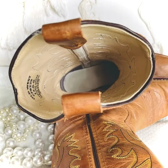 OLD WEST | 12.0-D | Tan Canyon Childrens Girls Leather 8in Snip Toe Cowboy Boots