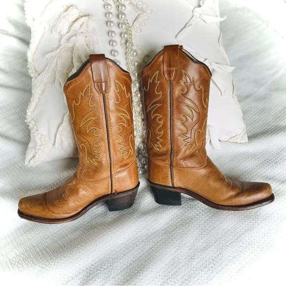 OLD WEST | 12.0-D | Tan Canyon Childrens Girls Leather 8in Snip Toe Cowboy Boots