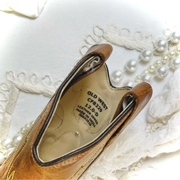 OLD WEST | 12.0-D | Tan Canyon Childrens Girls Leather 8in Snip Toe Cowboy Boots