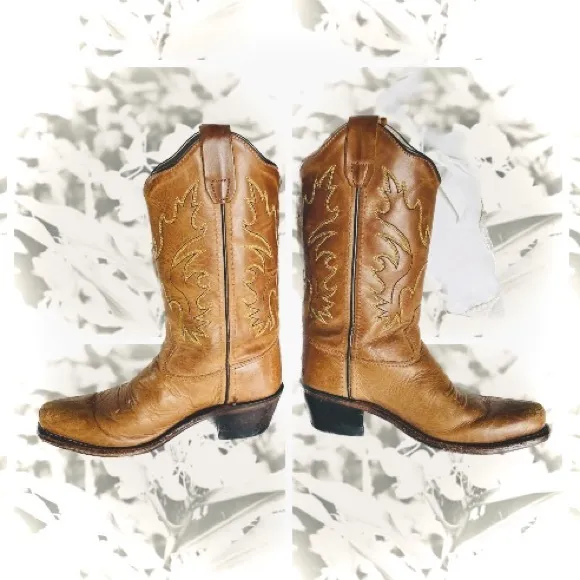 OLD WEST | 12.0-D | Tan Canyon Childrens Girls Leather 8in Snip Toe Cowboy Boots