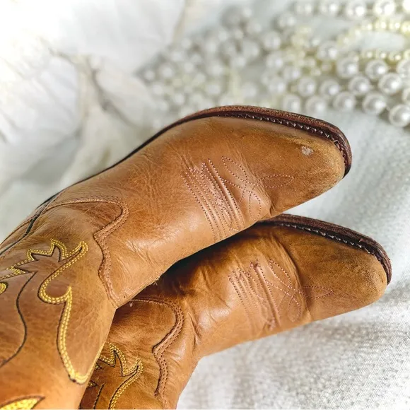 OLD WEST | 12.0-D | Tan Canyon Childrens Girls Leather 8in Snip Toe Cowboy Boots